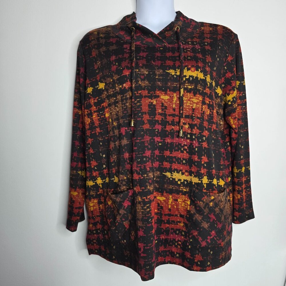 Susan Graver Women's Tunic Top Shirt 1X Mock Neck Red Black Long Sleeve Pockets